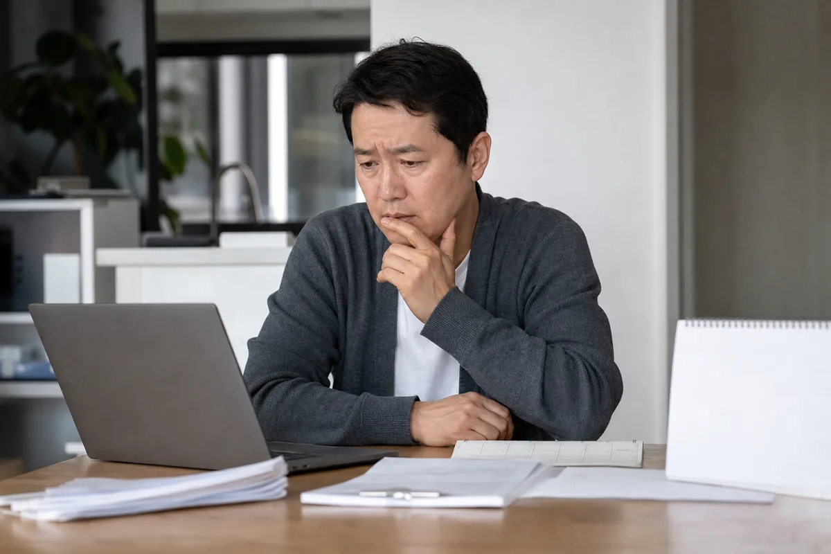 컴퓨터 앞에서 출장검진 일정을 고민 중인 남성