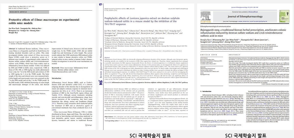 대장염 논문 표지 3편 — 캡션: 논문 제목·학회지·연도