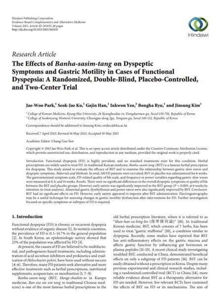 Study on Banha-sasim-tang for functional dyspepsia (Evidence-Based Complementary and Alternative Medicine, 2013)