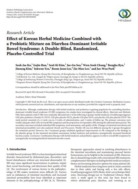 Study on herbal medicine and a probiotic mixture for Diarrhea-Predominant Type Irritable Bowel Syndrome (Evidence-Based Complementary and Alternative Medicine, 2013)